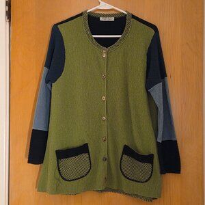 Vintage Margaret Winters Colorblock Cardigan Womens S/M Green Blue Artsy Boho